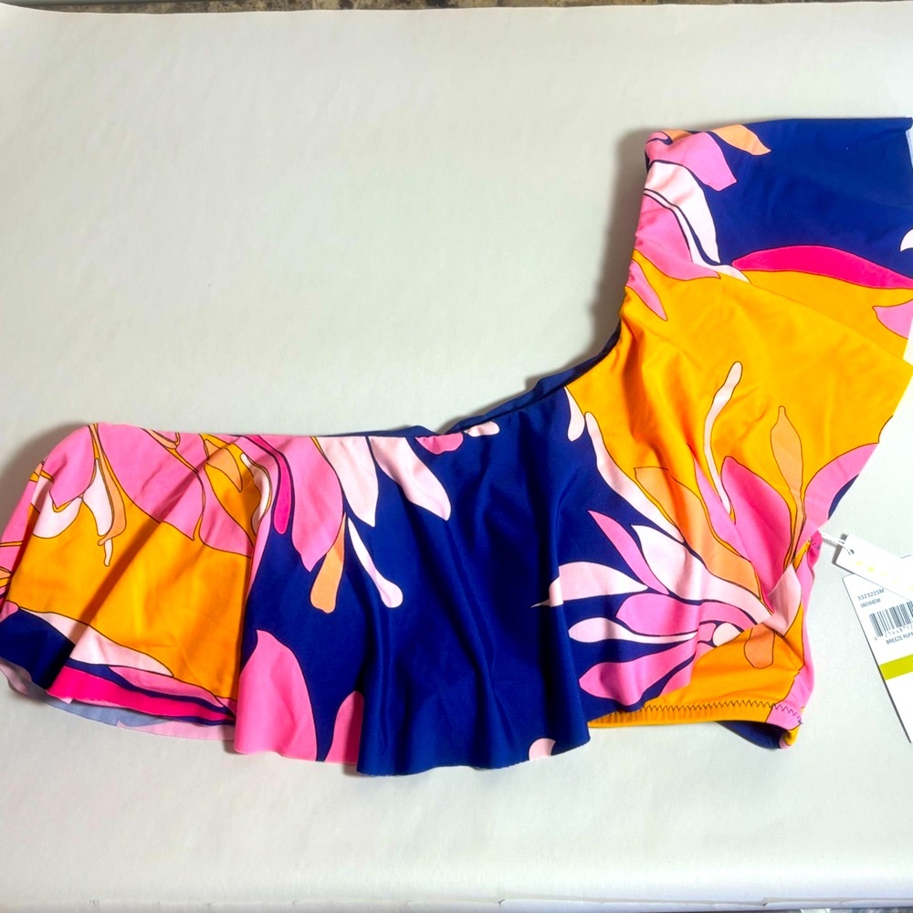 Trina Turk Breeze Ruffle Bikini Top One Shoulder Multi Size 14 NWT